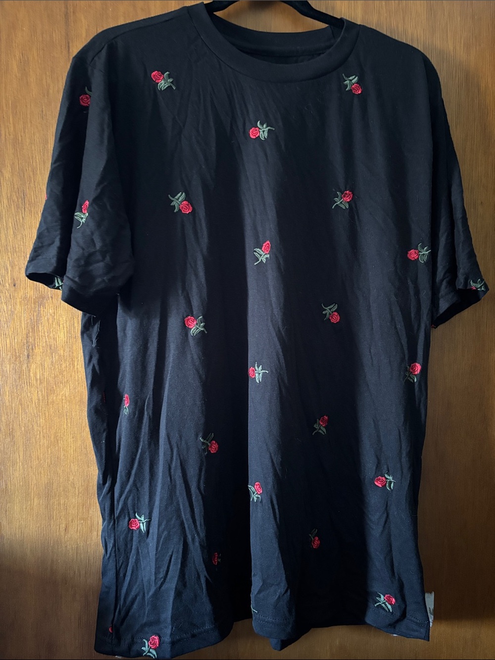 Eighty Eight Black Short-Sleeve Tee with Red Rose Embroidery